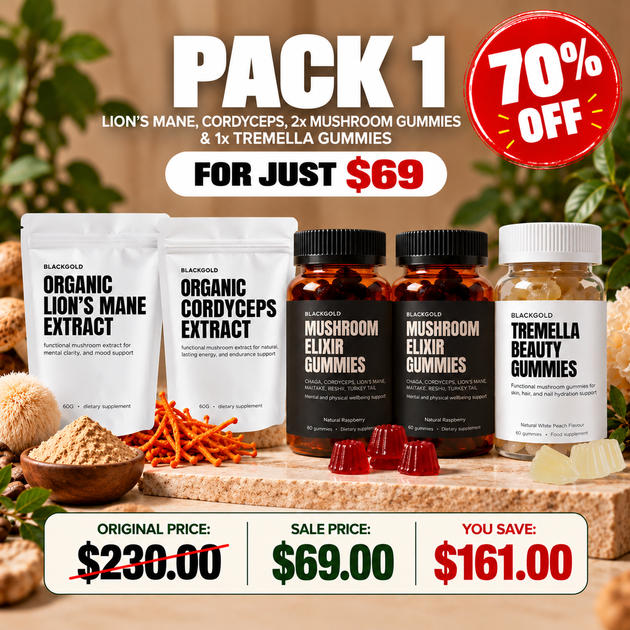 5-Piece Mushroom Power Bundle — Lion’s Mane, Cordyceps & 3 Gummies for Just $69