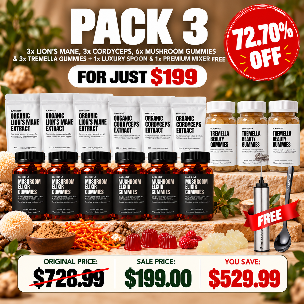 5-Piece Mushroom Power Bundle — Lion’s Mane, Cordyceps & 3 Gummies for Just $69