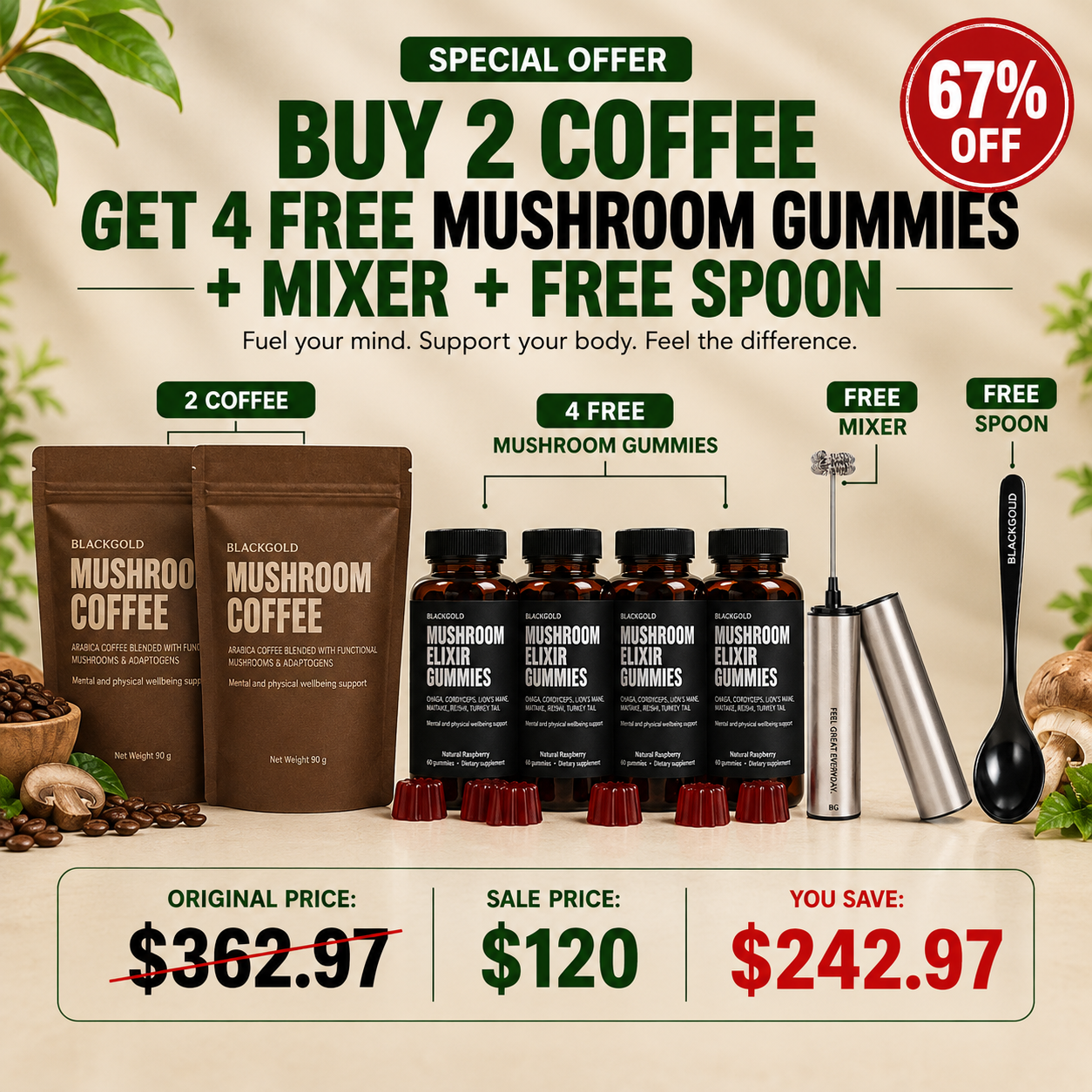 Blackgold Coffee + 2 Free Mushroom Gummies + Free Spoon