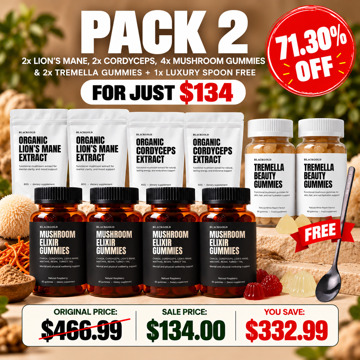 5-Piece Mushroom Power Bundle — Lion’s Mane, Cordyceps & 3 Gummies for Just $69